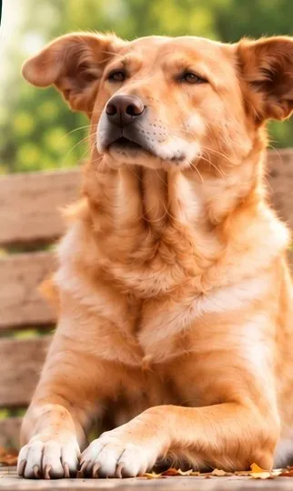 A golden dog resting on a park bench in the sun
